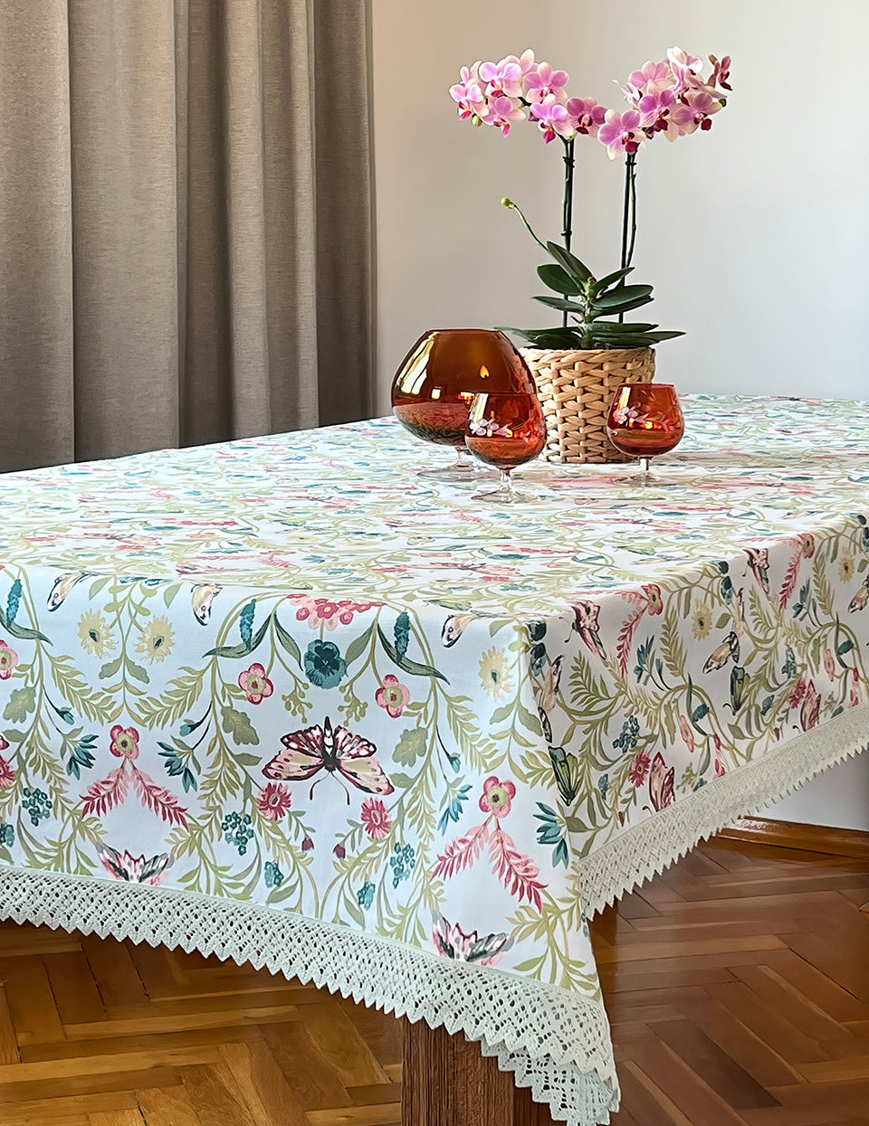 Spring Yeşil 147cm x 216 cm Yeşil Dantelli Pamuklu Masa Örtüsü