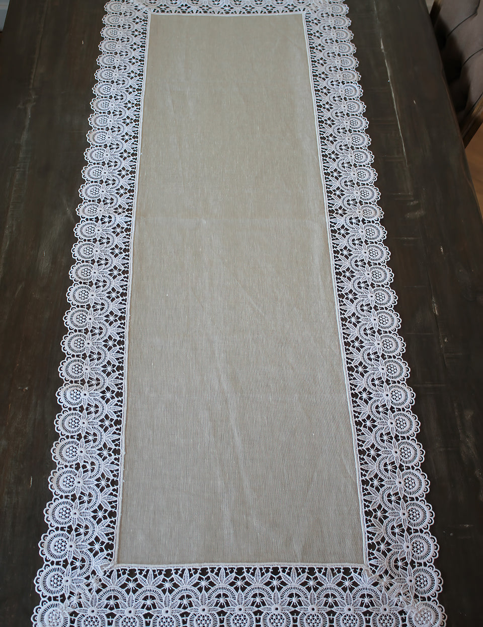 Antik Bej Keten Beyaz Dantel 56x153 cm Runner
