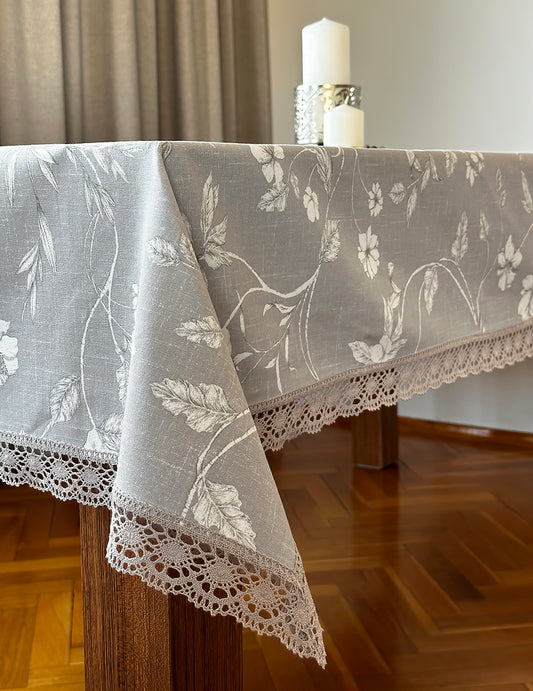 Aura Çiçekli 147cm x 216 cm Pamuklu Gri Dantelli Masa Örtüsü