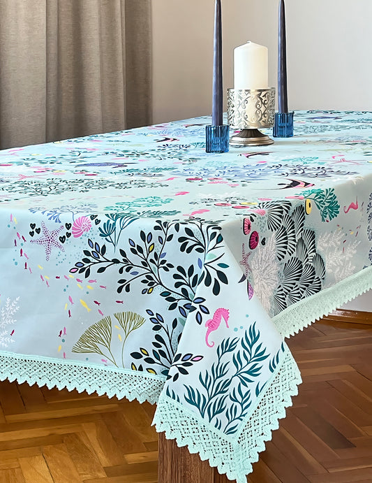 Ocean Su altı Temalı 147cm x216 cm Yeşil Dantelli Pamuklu Masa Örtüsü